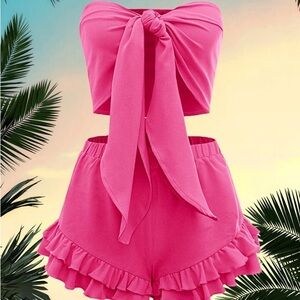 SHEIN Hot Pink Strapless Tie Front 2-Piece Set Ruffle Shorts Co-Ord Size L NWOT